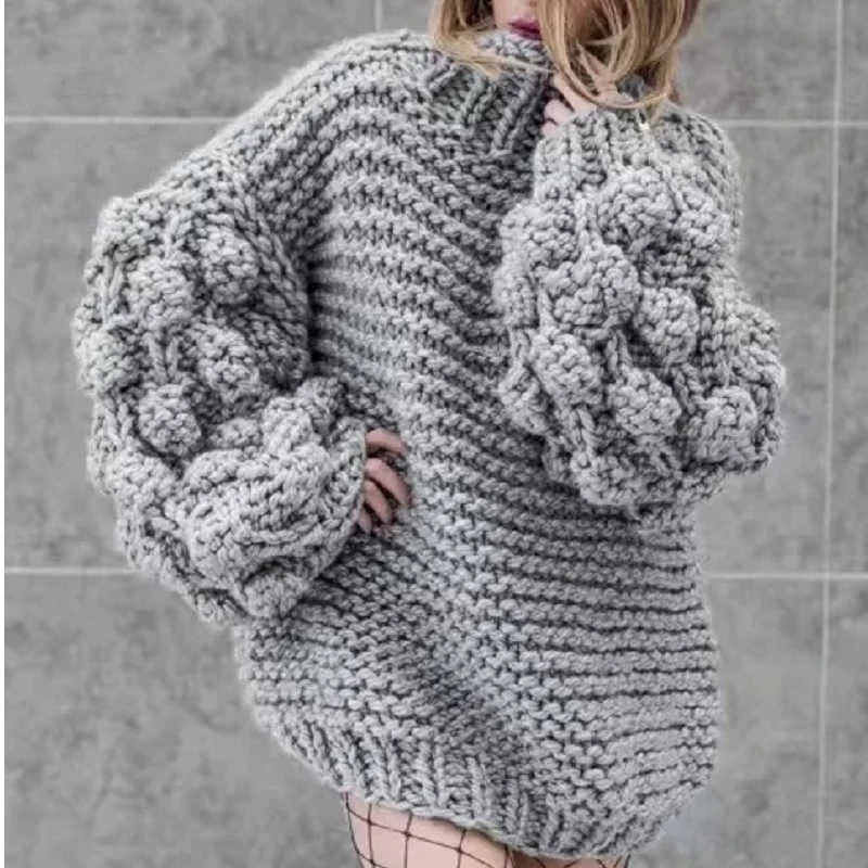 2021 Autumn Winter New Ball Lantern Sleeve Pullover Mock Neck Solid Loose Casual Full Sweater Women U549