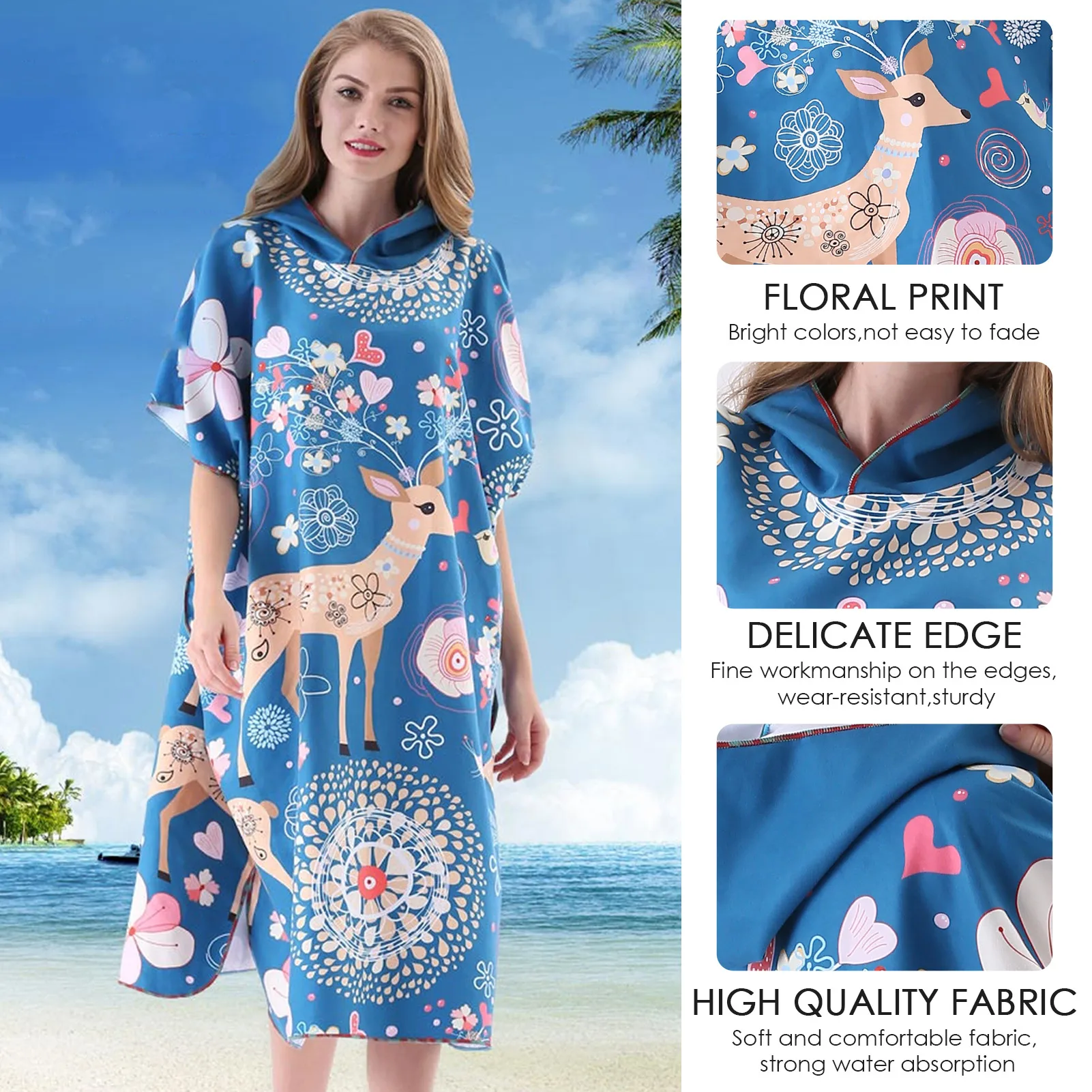 

Summer Poncho Towel Changing Robe Surf Beach Changing Towel with Hood Swimming Robe Towel Water Absorption Universal Size