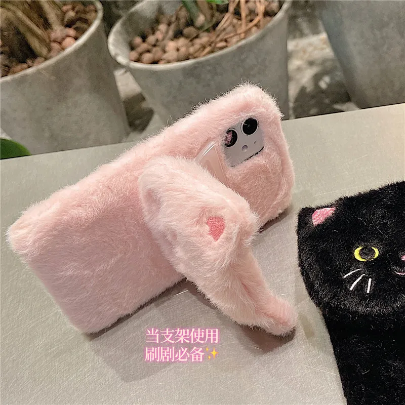 3D Embroidery Cat Warm Plush Soft Phone Case For Xiaomi Redmi Note 10S Case 10 9 8 7 6 10T 9T 8T 9S 9A 9C 8A 7A Back Cover Stand