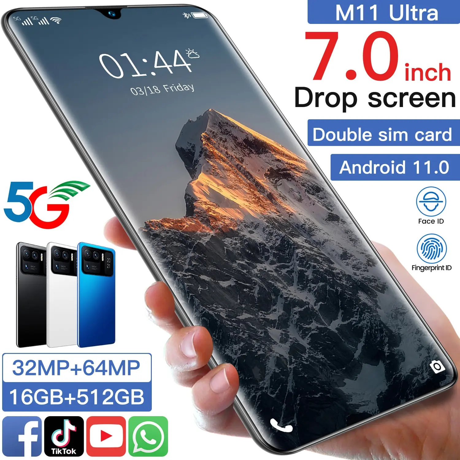 

M11 Ultra 16+512gb 7.0 Inch Full Screen 32+64mp Dual Sim+micro Sd Mobile Phone 5g Network 10 Core 7200mah Smart Phone Mtk6893
