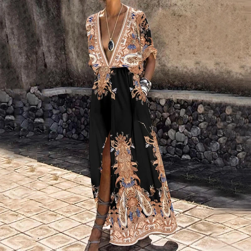 

Summer Women Dress Sexy Deep V Neck Ladies Dresses Vintage Pattern Printed Side Slit Spaghetti Strap Fashion Mujer Vestido