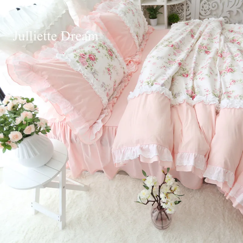 

Sweet Princess Bedding Set Heavy Wrinkle Handmade Ruffle Lace Splice Duvet Cover Pink Pastoral King Size Bedspread HM-22F
