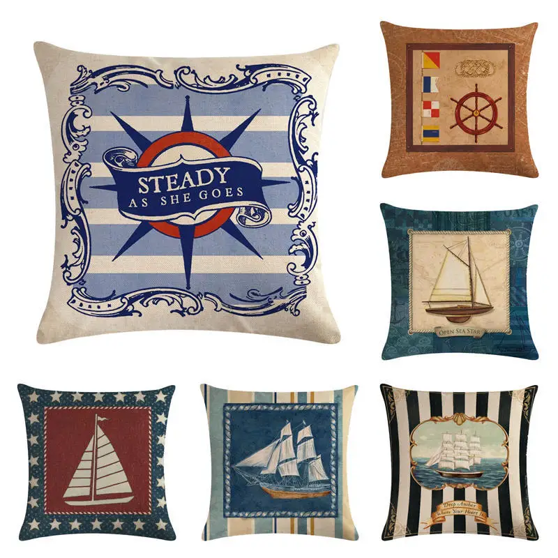 

New Style Navy Wind Sailing Boat Boat Anchor Series Flax Pillow Cover Cushion Cover Decorative Pillows Decoration Home