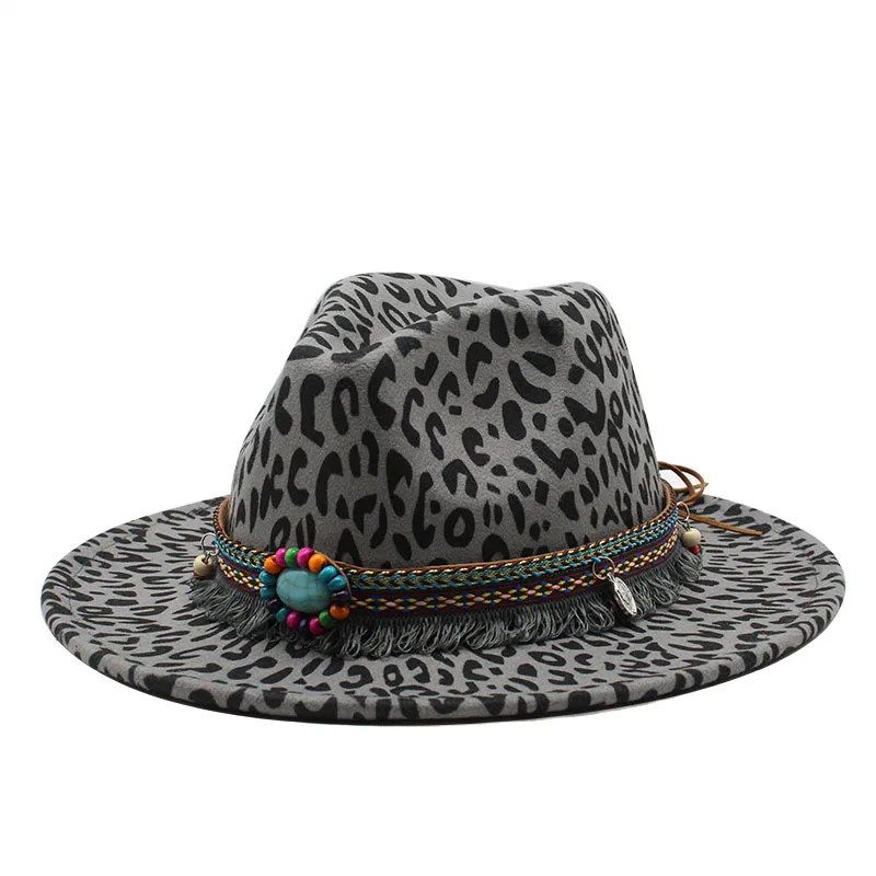 2020 new winter wool Fashion Leopard Printing Jazz Fedoras Men Women Vintage Trilby Cap Leisure Big Brim Felt Panama Hat | Аксессуары