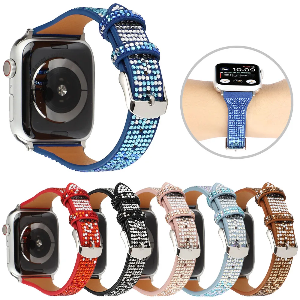 

Ремешок кожаный для Apple Watch Band Series 7 6 SE 5 4 3, тонкий браслет для Iwatch 41 мм 45 мм 40 мм 44 мм 42 мм 38 мм, со стразами