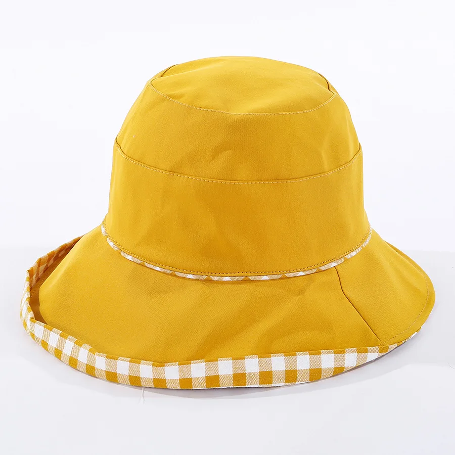 Summer female literary retro plaid double-sided fisherman hat Pure cotton comfortable women bucket hat
