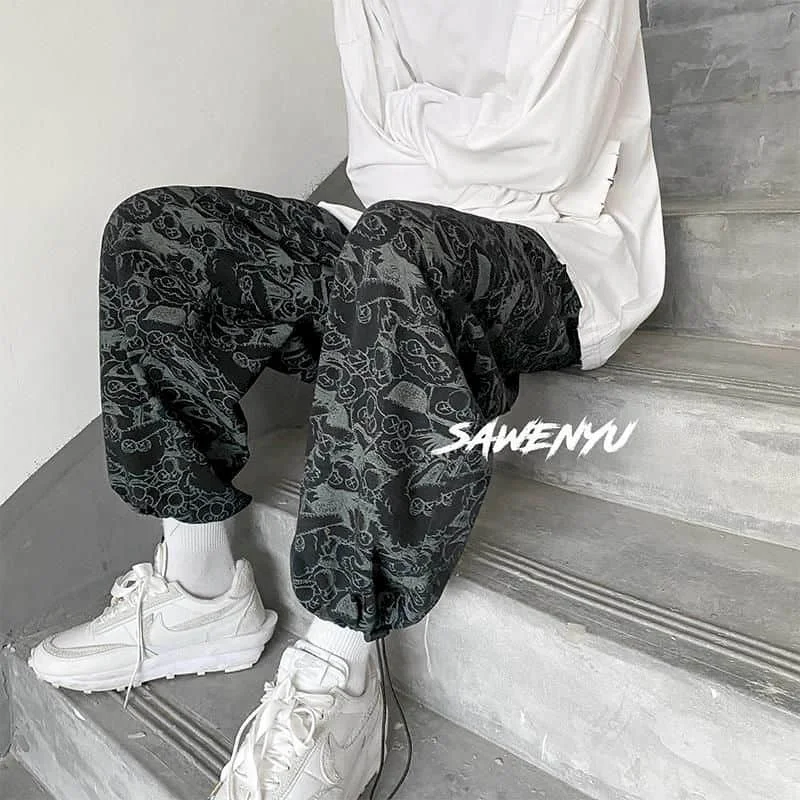 

Falling wide-leg pants men women casual streetwear Hong Kong style hip-hop sports pants loose punk drawstring cropped trousers