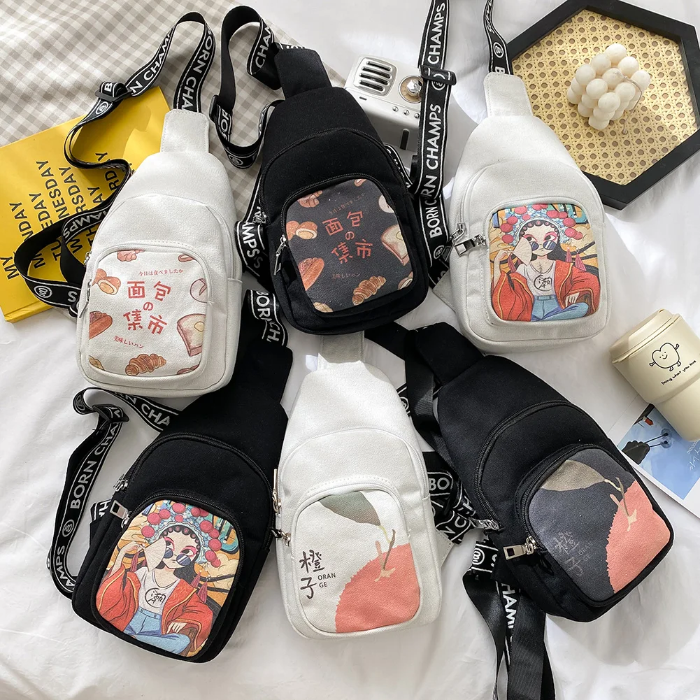 

Female Chest Handbags with Cartoon Pattern Printed Large Capacity Canvas Embossing Shoulder Crossbody Bags for Shopping