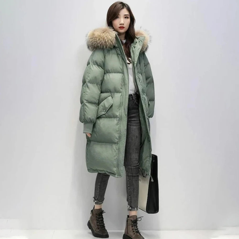 

Winter Women's Cotton-padded Jacket Korean Stye Large Fur Collar Hooded Long Down Cotton Parkas Warm Loose Clothing Women Coat
