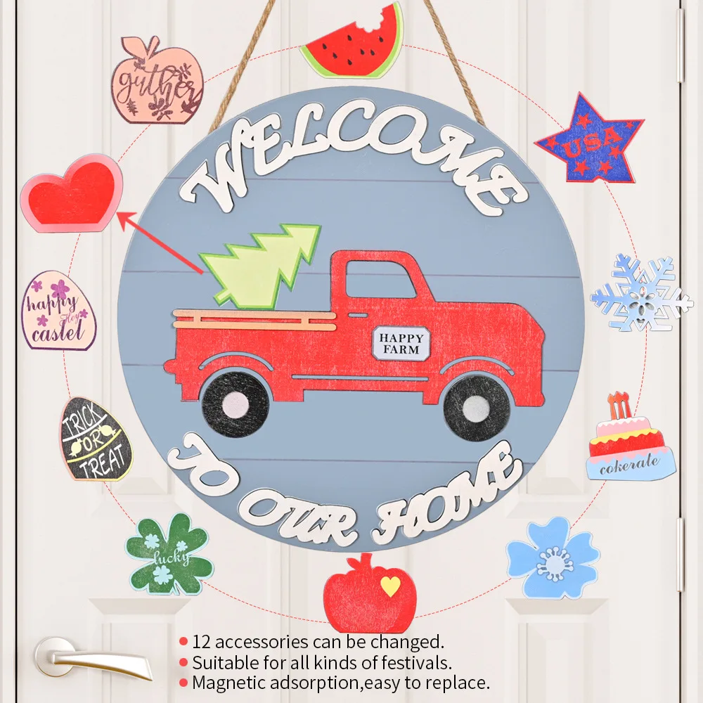 

1pcs Christmas Wooden Car letter Doorplate Replaceable Accessories Garland Home Wall Door Hanging Decoration