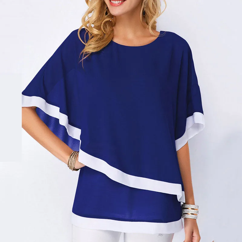 

Размера плюс блузки для женщин 5XL лоскутное двойной Слои повседневные топы с рукавами «летучая мышь» Пляжная туника 2021 осень большие размер...