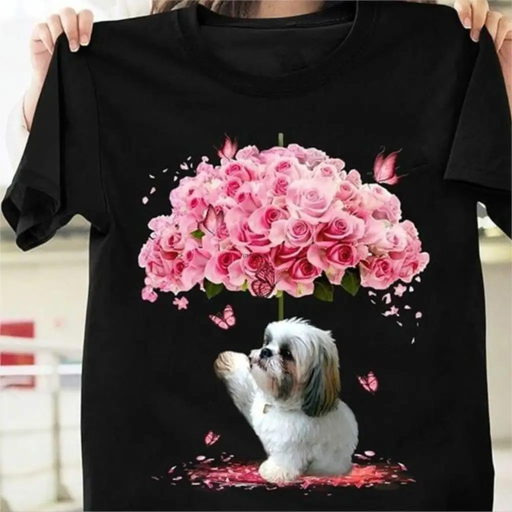 Хлопковая рубашка для мужчин и женщин Shih Tzu с розовыми цветами бабочками|Мужские