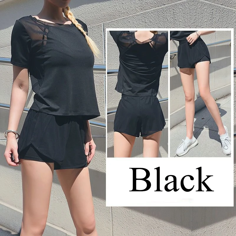 

Mesh Yarn Yoga Set Sports Breathable Quick Dry Crew-Neck Lumbar Tops Shorts Solid Color Female Gym Fitness Premium Clothes