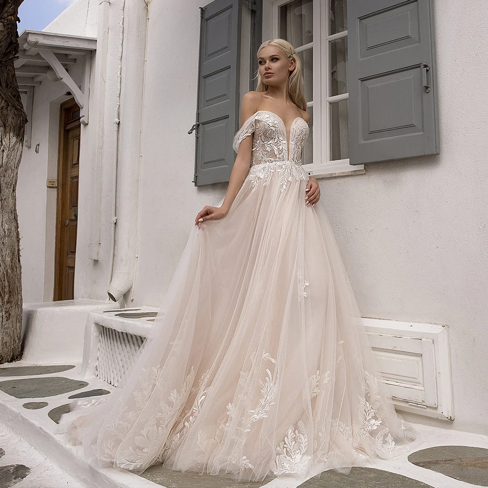 

Romantic Wedding Dress For Bride Off Shoulder Sexy V Neck Tulle Floor Length Bridal Gown A Line 2021 свадебное платье 2021