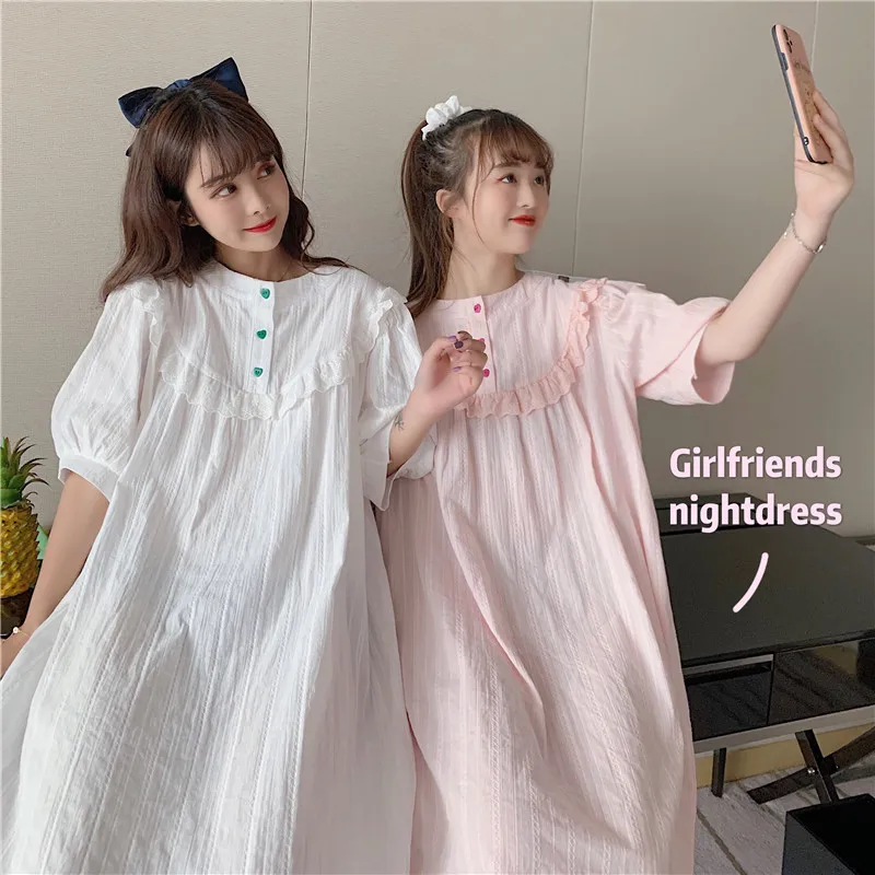 

Harajpee Solid Sweet Nightgown for Women Summer Cotton Soft Loose Breathable Sleep Home Wear 2021 Korean Style Round Neck Pajama