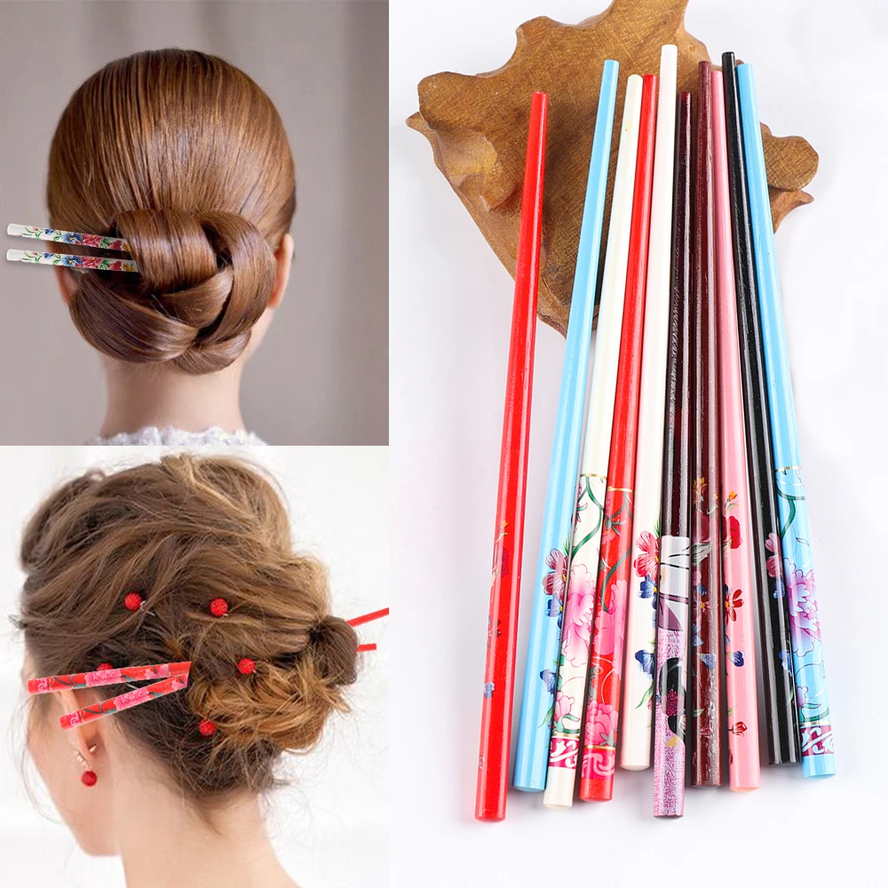 2Pcs/Set Handmade Hair stick Vintage Painting hairpin Colorful Natural wood for women Japanese hairpin Wood Chinese hair stick