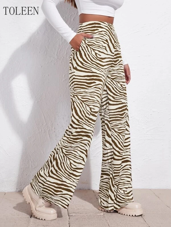 

TOLEEN, модные женские широкие брюки с высокой талией, полосатые
