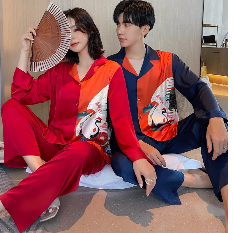 

Lovers Satin Pajamas Suit Print Long Sleeve 2PCS Sleep Set Intimate Lingerie Casual Men And Women Sleepwear Home Clothing