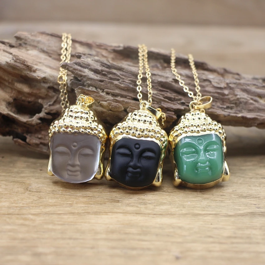 

Natural Crystal Carve Buddha head Pendants Gold Chains,Obsidian Aventurine Gems Stone Buddhism Necklace Jewelry Dropship,QC3065