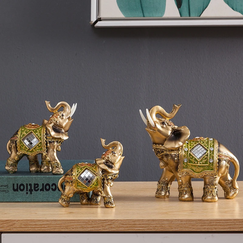 

Elephant Trunk Statue Feng Shui Brass Color Resin Elegant Wealth Lucky Figurine Home Decor Gift
