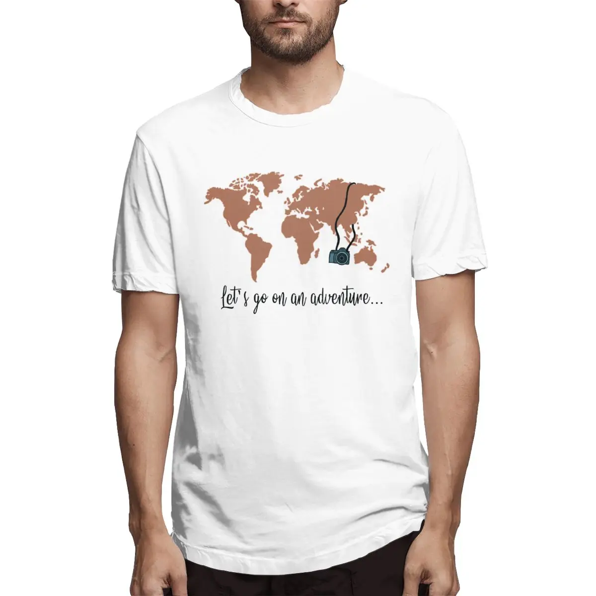 

Let's Go On An Adventure Boho Travel The World Map With Camera Men T Shirts Tee Shirt Short Sleeve Crewneck T-Shirt Cotton