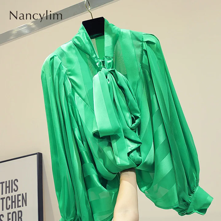 Женская блузка с бантом на воротнике однотонная в Корейском стиле рукавами