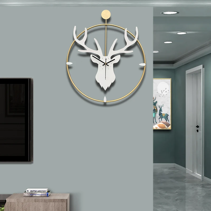 

Deer Head Gold Large Wall Clock Nordic Metal Clock Living Room Mute Fashion Simple TV Wall Clock Round Home Decoration W6C