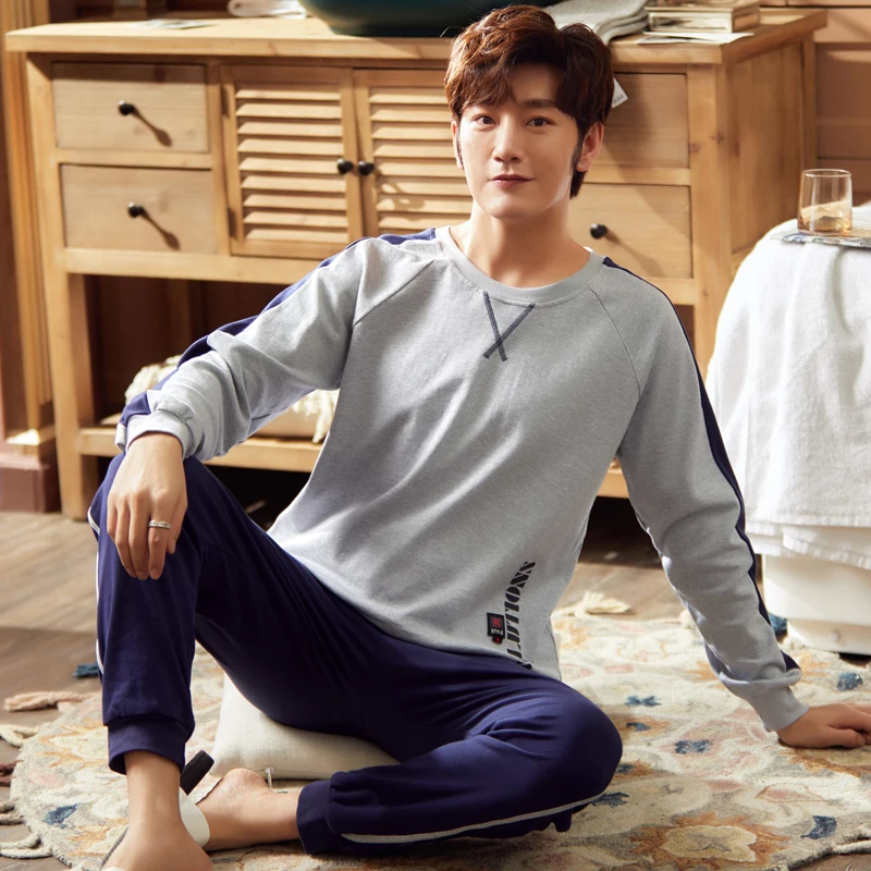 Autumn Spring Long Sleeve Man Pajama Sets 100% Cotton Print Pajamas Men Casual Sleepwear Homewear Plus Size XXXL Pijama