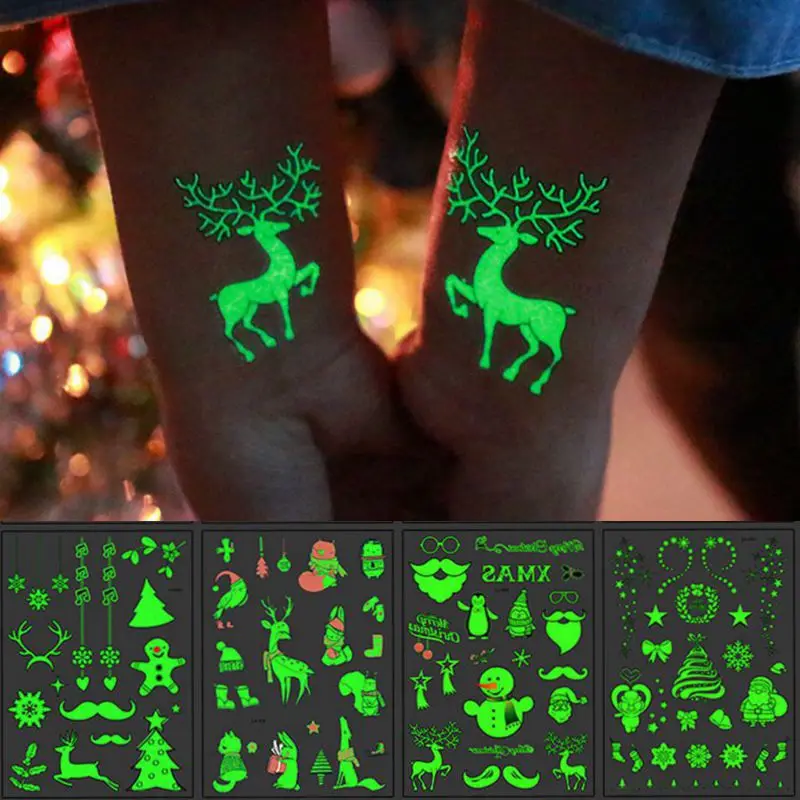 1sheet Christmas Luminous Tattoo Santa Snowflake Glow Tattoo Sticker for Kids Xmas Gifts Christmas Navidad Natal Decorations
