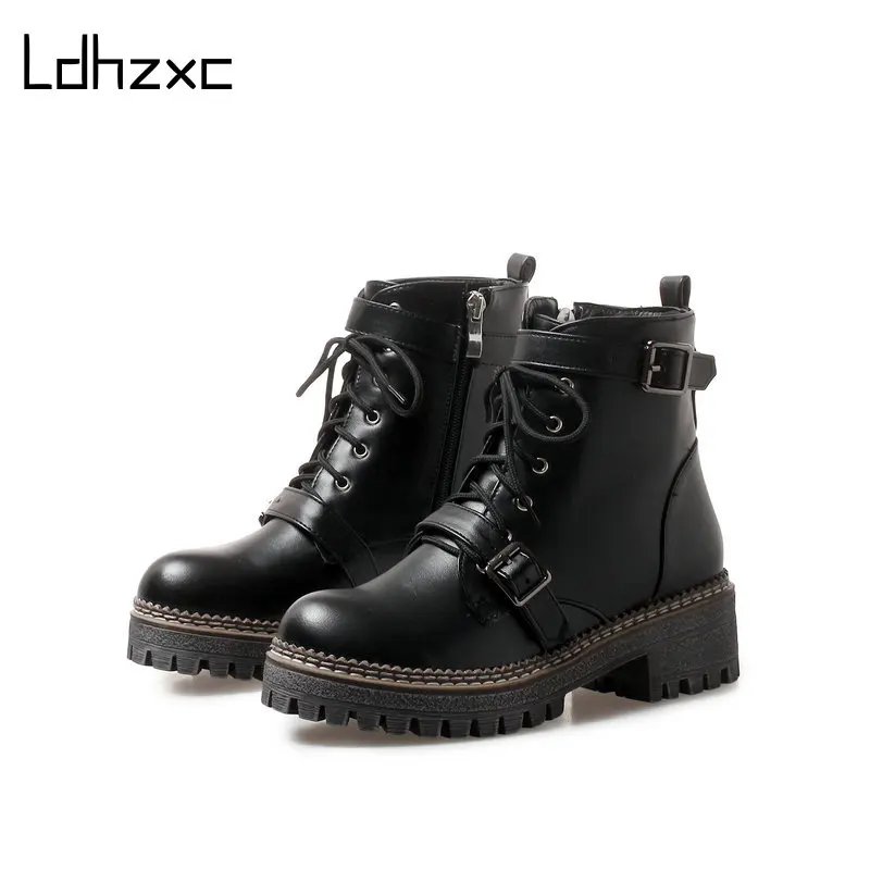 

LDHZXC New Brand Autumn Women Boots Platform High-heeled Thick Med Heel Lacing Casual Shoes with Zipper Ankle Boots