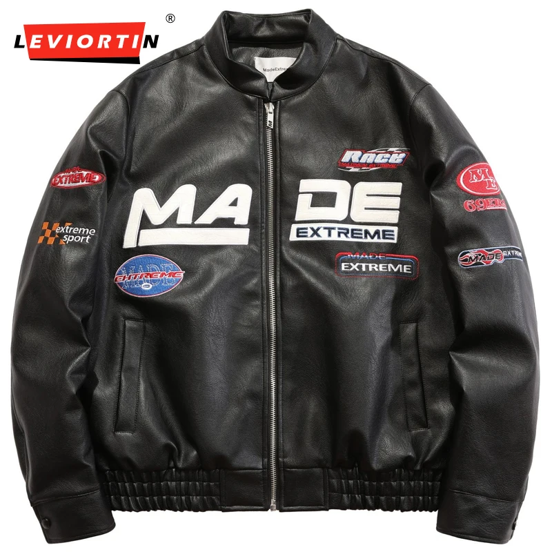 

High Street Punk Men's Thicken Warm Jacket Autumn Winter PU Leather Jacket Racing Retro Alphabet Embroidery Padded Jacket Coats