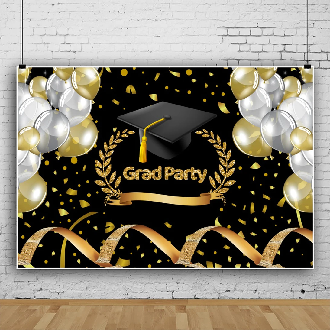 

Laeacco Grad Party Gold Balloons Ribbon Bachelor Cap Photography Background Student Portrait Customized Banner Photo Backdrops