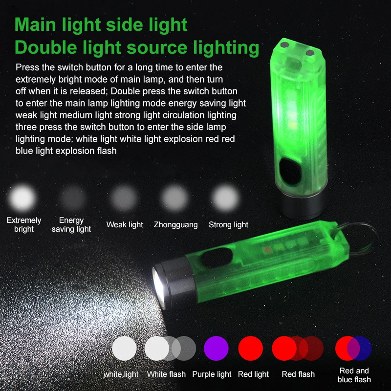 

Mini Led Light USB Portable Led Flashlight Keychain Lamp With Side Light Red Blue Violet Waterproof Camping Light USB Charger