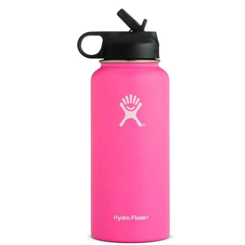 Pink-Straw Lid Термос утепленная Нержавеющая сталь бутылка для воды с широким горлышком Стакан Кружка Охладитель кофе с крышкой соломы 18/32/40 унций с логотипом - Цвет: Pink-Straw Lid