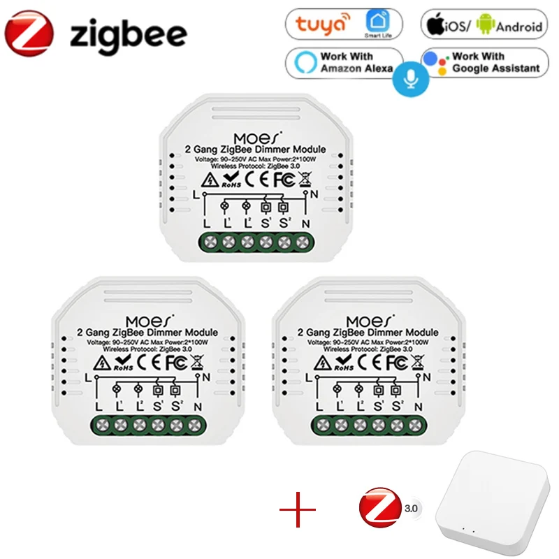 

DIY Smart Zigbee Light LED Dimmer Switch 2 Gang Switch Smart Life / Tuya APP Remote Control Works With Alexa Echo Google Home
