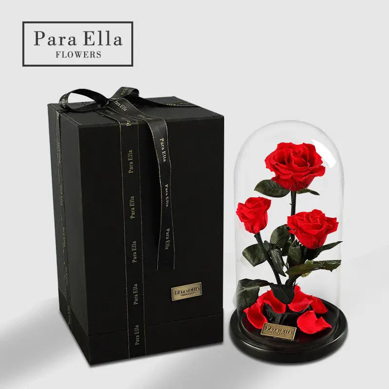 

H&D New Enchanted 3 Rose Preserved Fresh Flower with Fallen Petals In A Glass Special Gifts for Valentines' Day Wedding Decor