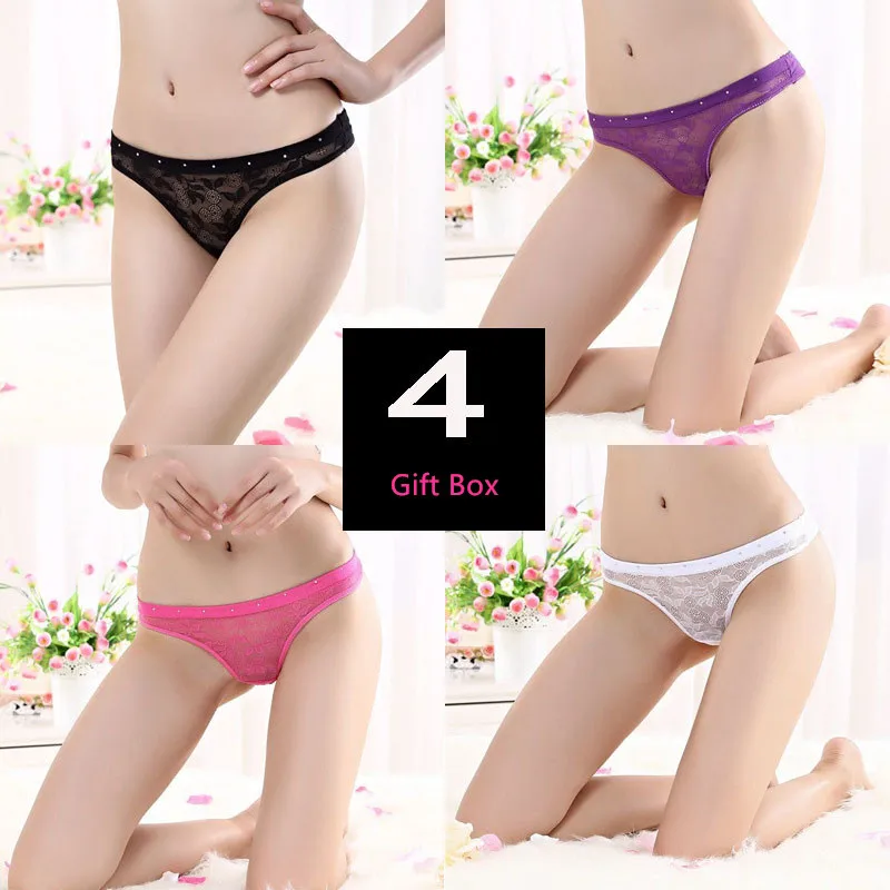 

4 Gift Boxed Sexy See-Through Comfortable Cotton Underwear Hollow Low-Rise Lace Thong