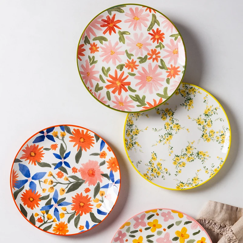 

8inch Flowers Ceramic Dessert Plate Heat Resistant Dinner Salad Plate Cake Snack Service Dish Kitchen Party Dinnerware Supplies