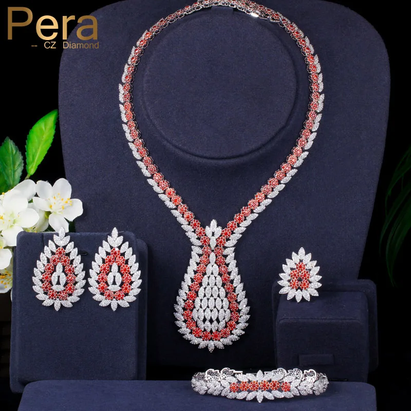 

Pera белый и красный CZ большая капля 4 шт. Открытое кольцо серьги браслет ожерелье наборы для свадьбы помолвки банкета женские ювелирные издел...