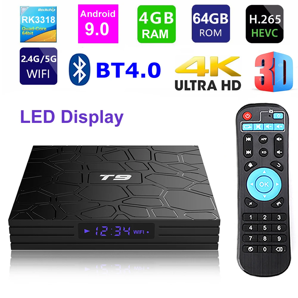 T9 Android 9,0 Smart tv BOX RK3318 Четырехъядерный 4 ГБ ОЗУ 64 Гб ПЗУ 2,4 ГБ/5 Гб двойной wifi Bluetooth цифровой дисплей 3D HDR 4K телеприставка