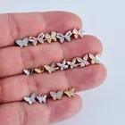 1 шт., медные серьги-гвоздики в форме бабочки, с кристаллами из фианита, золотогосеребряного цвета