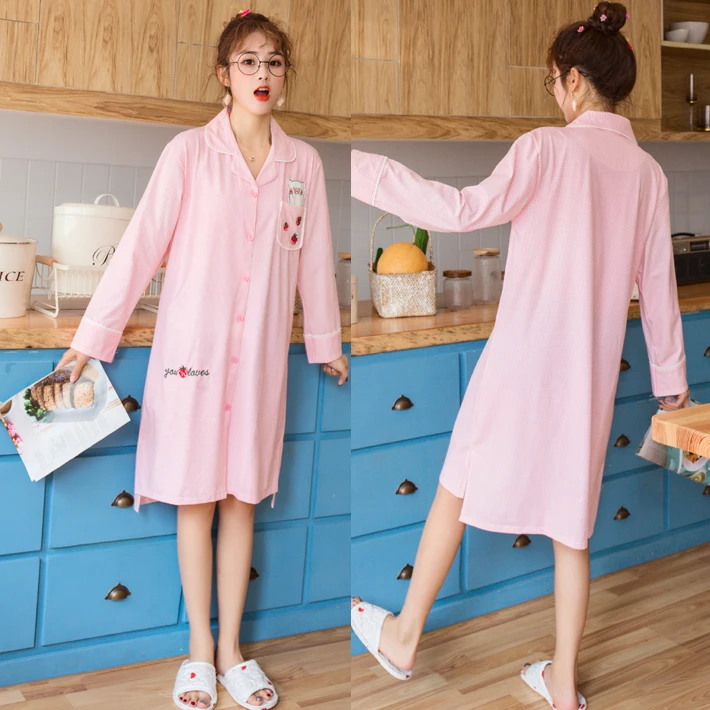 Plaid Strawberry Nightdress Women Nightgowns 2021 Autumn Pink Home Wear Long Sleeve Cardigan Nightwear Casual Loose Nightdress