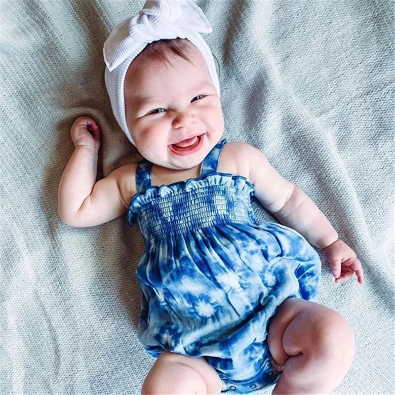 

Newborn Infant Baby Girl Tie Dyeing Pattern Sling Ruffle Chest Pleated Jumpsuit cotton Bodysuit Headband Outfit