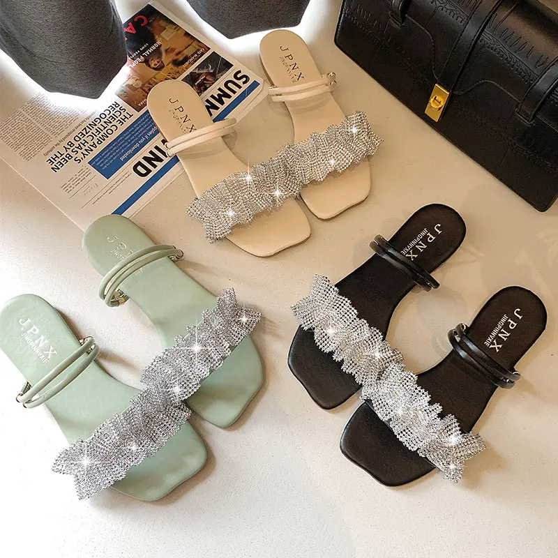 

Slippers Casual Low Female Shoes Glitter Slides Luxury 2021 Summer Jelly Flat PU Rubber Rome Crystal Basic Scandals Shoes Woman
