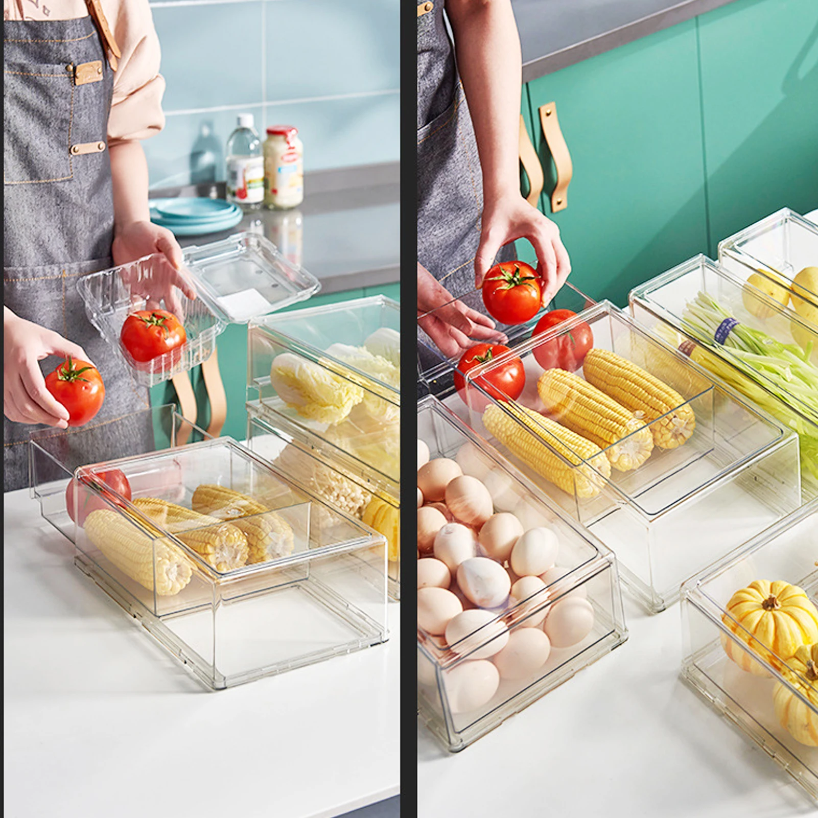 

Refrigerator foldable transparent food fruit storage box drawer type sorting and sorting refrigerator storage box with handle
