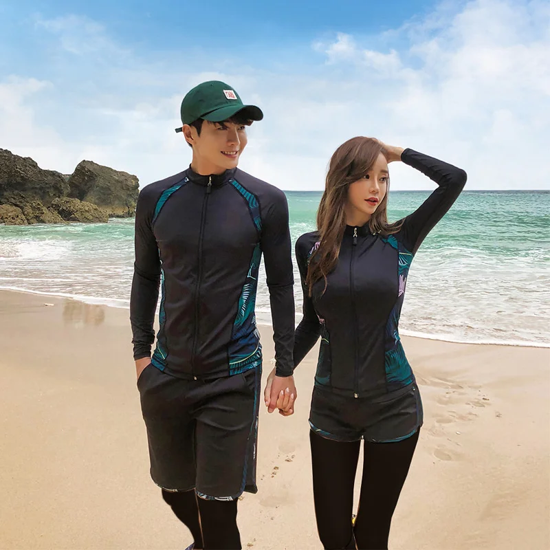 

Couples Split Wetsuit Diving Suit Men Women 2 Pieces Long Sleeve Shirt Shorts Sunscreen Zipper Style Swimwear Surfing Bathing