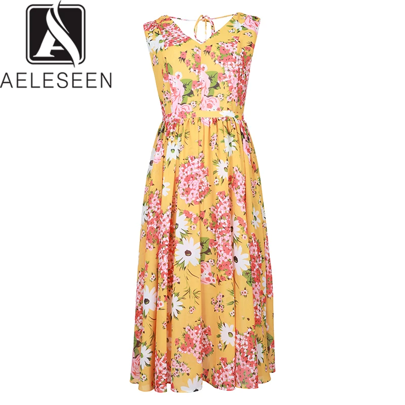 Платье AELESEEN Sweet Runway Print для женщин 2019 года осень новой моды с флористическим принтом, открытыми спинами, ручной работы, драпированным оранжевым миди-платьем.