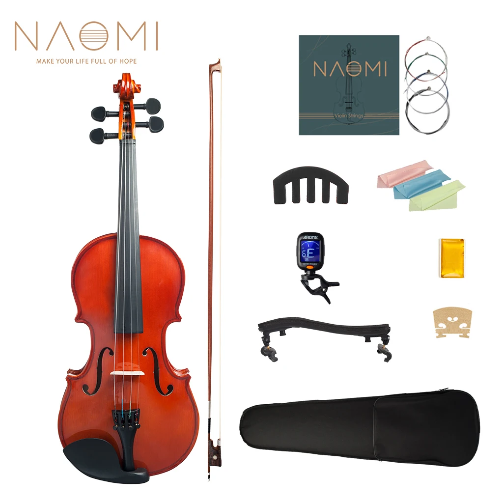NAOMI High Gloss Natural Color Acoustic Violin Set 4/4-1/8 w/ Violin Bow+Rosin+Tuner+Bridge+Mute+Cleaning Cloth+Case+Strings enlarge