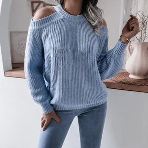 Chifirena 2021 Winter Knitted Sexy Sweaters Women Cold Shoulder Women's Jumper Cross O Neck Autumn Loose Pollovers Sweater Woman