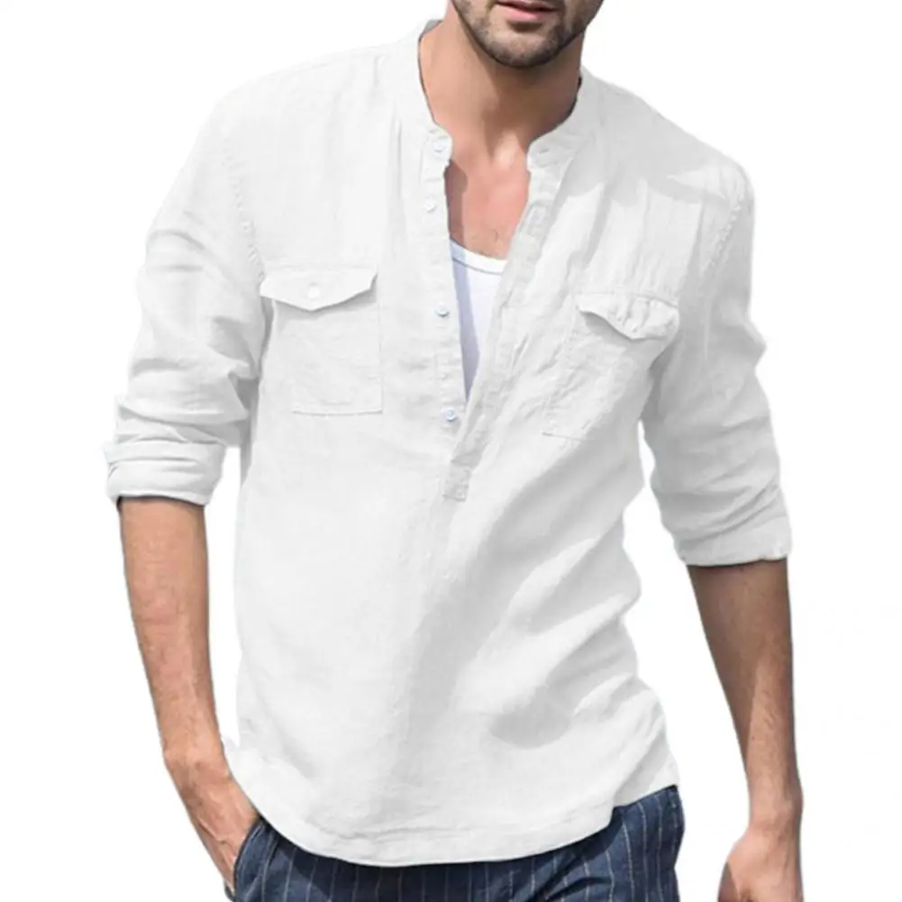 

Skin-friendly Fashion Buttons Stand Collar Casual Shirt Top Male Shirt Solid Color for Office